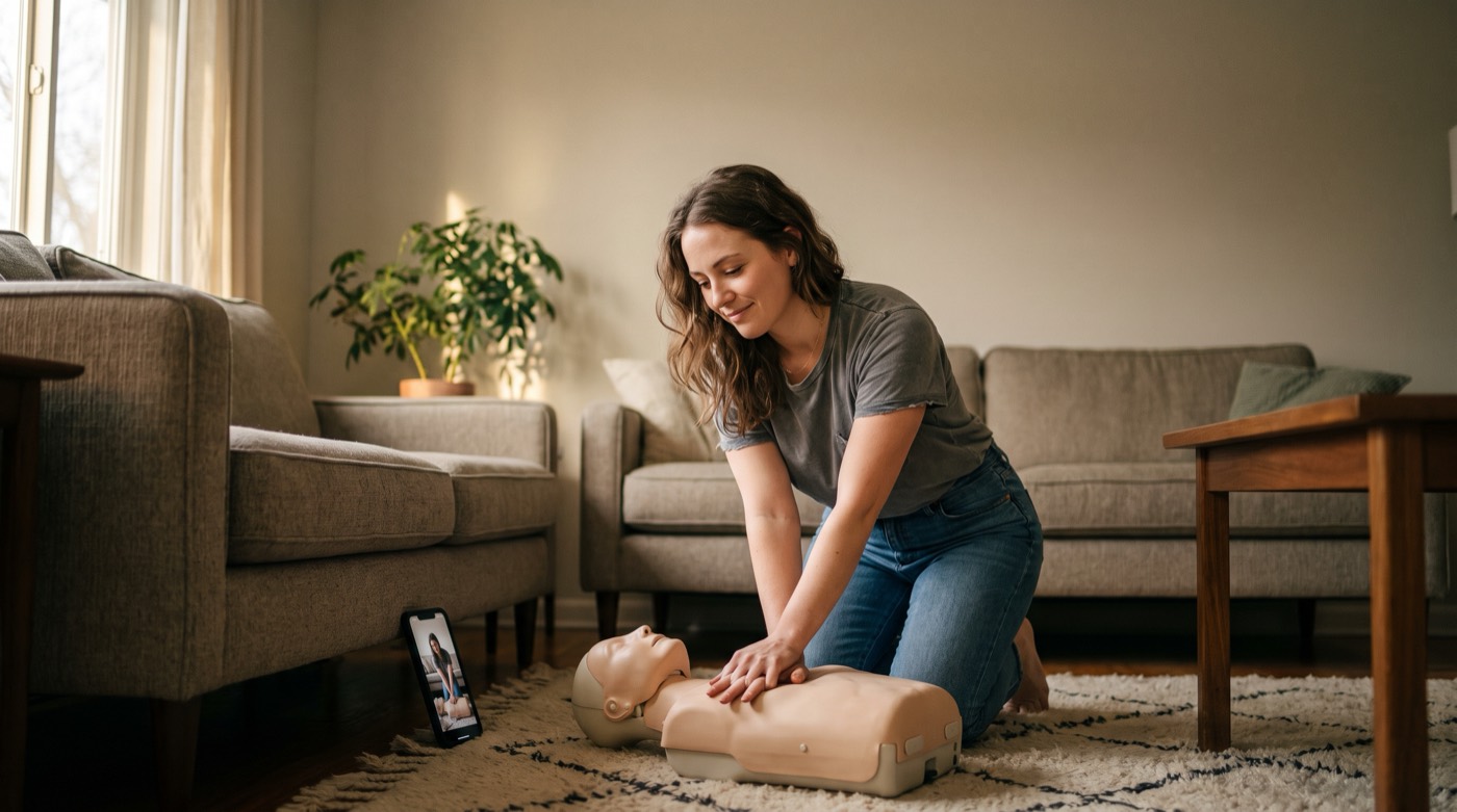 A woman practising CPR compressions on a training manikin on her living-room floor, following a course on her phone